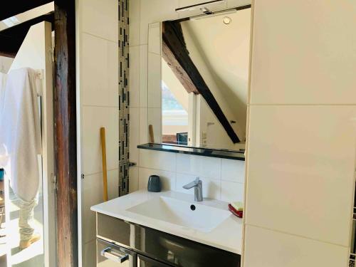 une salle de bain avec un lavabo et un miroir dans l'établissement Le Fitzgerald -Très joli 3 pièces Art Déco Deauville HyperCentre, à Deauville