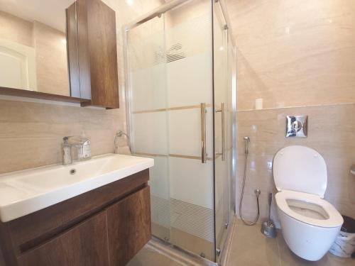 a bathroom with a shower and a toilet and a sink at Shmeisani homes central location near Abdali in Amman