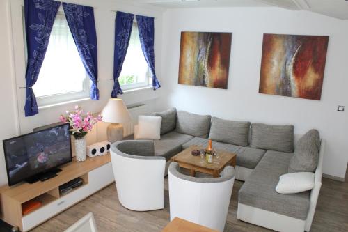 ein Wohnzimmer mit einem Sofa und einem TV in der Unterkunft City Ferienhaus Vulkaneifel in Daun
