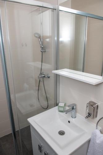 a bathroom with a shower and a white sink at Prenoćište CMA in Posušje