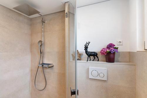 a shower with a glass door in a bathroom at Moderner Schwarzwaldtraum in Oberharmersbach