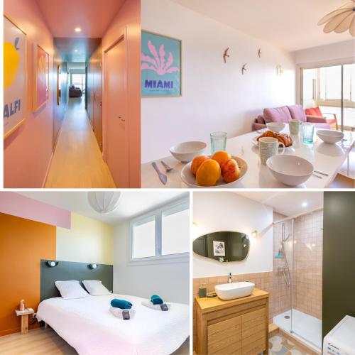 un collage de photos d'une chambre d'hôtel dans l'établissement Escapade au Brusc - Les pieds dans l'eau, à Six-Fours-les-Plages