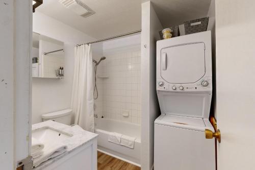 een badkamer met een wastafel, een wasmachine en een droger bij Pine in the Sky in Truckee