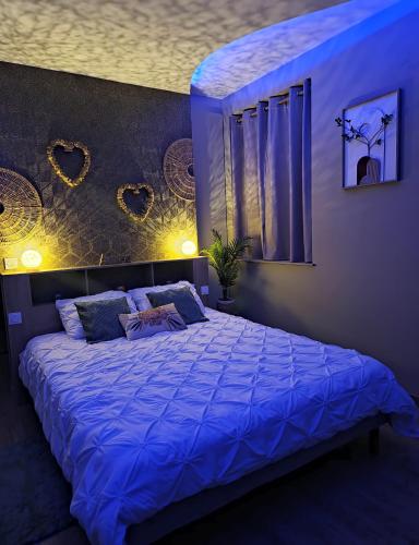 une chambre avec un grand lit avec une couette bleue dans l'établissement SPA rêve nature, à Calais