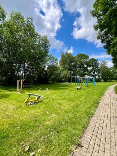 a park with playground equipment in the grass at Chalupa nad rybníkem in Straškov
