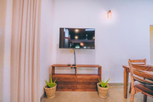 a living room with a tv and two potted plants at Villa Sewinro in Talpe