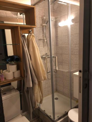 a shower with a glass door in a bathroom at Naturiste Port Soleil avec piscine in Cap d'Agde