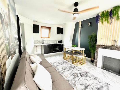 un salon avec un canapé et une cheminée dans l'établissement Disneyland et PARIS F2 a Thorigny tout Confort, à Thorigny-sur-Marne