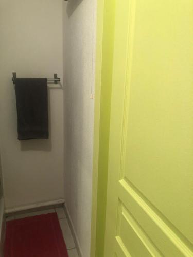 une salle de bain avec une porte verte et une serviette dans l'établissement studio avec parking Montpellier, à Montpellier