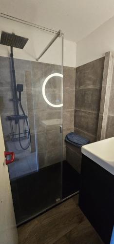 une salle de bain avec une douche en verre et des toilettes dans l'établissement Appartement studio cabine 26 m² en bord de mer, à Canet