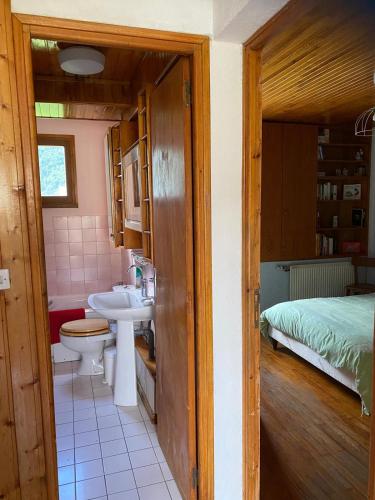 une salle de bain avec un lavabo et des toilettes et un lit dans l'établissement Grand gîte rural 8-10p à la montagne avec jardin, à Corps