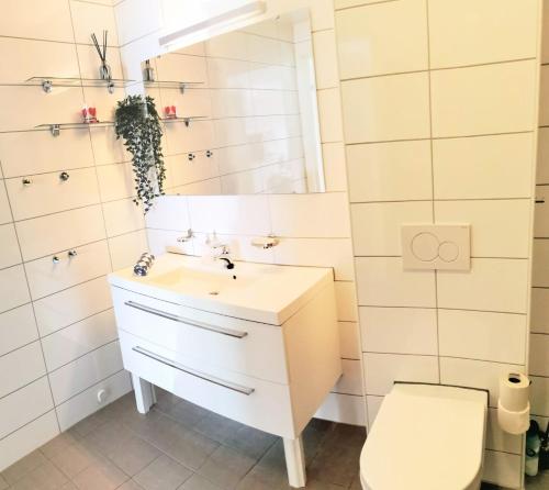 a bathroom with a sink and a toilet at Bjørnestrand Fjordside View in Bergen