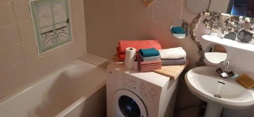 une salle de bain avec une machine à laver et un lavabo dans l'établissement Studio Résidence Val d'Escreins, à Guillestre
