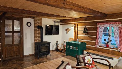 a living room with a fireplace and a stove at Chalupa Čistá v Krkonoších 8 in Cerny Dul
