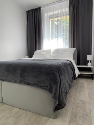 a bedroom with a large bed in front of a window at Apartament EROS Rynek in Bolesławiec