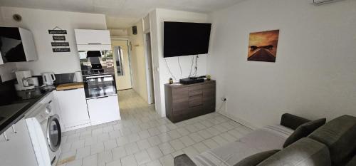 un salon avec un canapé et une cuisine dans l'établissement Appartement studio cabine 26 m² en bord de mer, à Canet