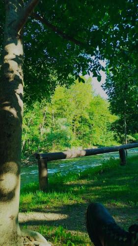a wooden fence next to a tree next to a river at Apartaments Sort Pirineus in Sort