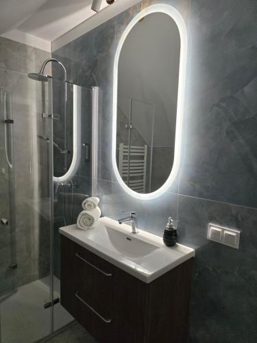 a bathroom with a sink and a mirror at Apartments Orkana Street in Oborniki Śląskie