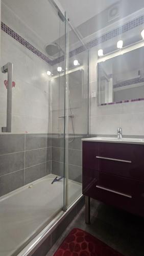 a bathroom with a glass shower and a sink at Grand studio rénové avec terrasse et clim ! in Cap d'Agde