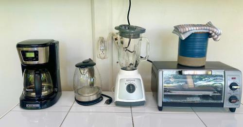 a kitchen counter with a blender and a toaster oven at Casa Del Bambu in Puerto Jiménez