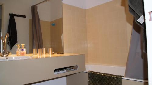 une salle de bain avec une baignoire, un lavabo et un miroir dans l'établissement Drazanne, à Bagnères-de-Bigorre