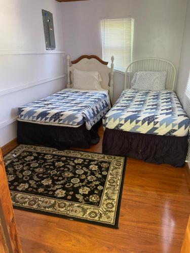 two beds in a room with a rug at Keuka Lake Views and Hiking in Hammondsport