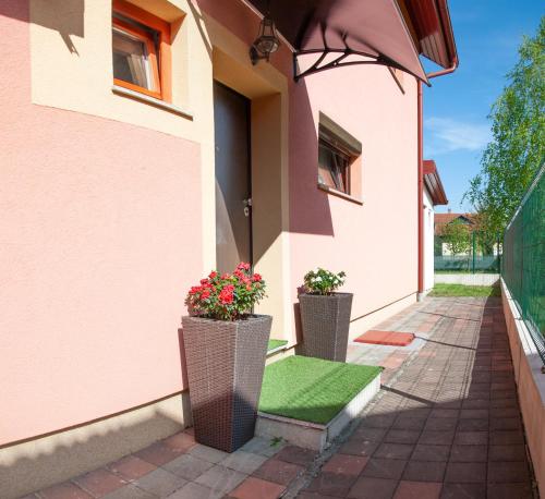 two potted plants sitting on the side of a building at Hana Superior Apartments in Bihać