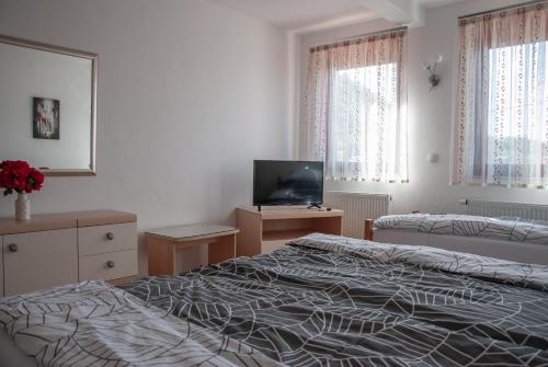 a bedroom with two beds and a flat screen tv at Hana Superior Apartments in Bihać
