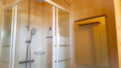 une douche dans une salle de bain avec une porte vitrée dans l'établissement Beau studio idéalement placé avec vue mer !, à Saint-Cyprien