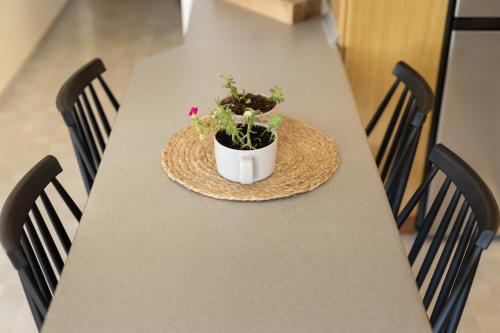 a table with a potted plant on top of it at Villa Aelia Luxury Maisonette in Salamís