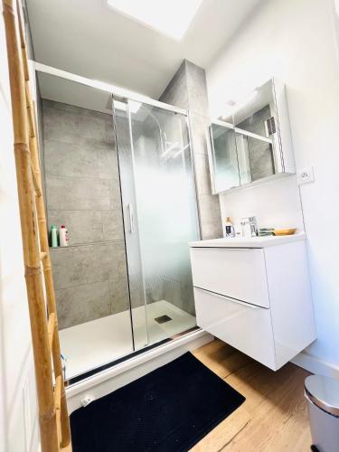 une salle de bain avec douche et lavabo dans l'établissement Le studio du jardin Public centre secteur VIP Luxe - vue panoramique, à Béthune
