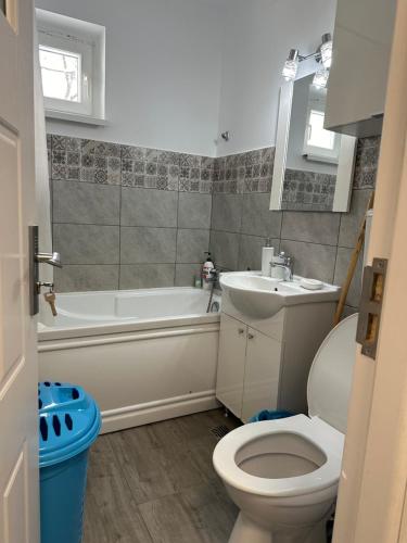 a bathroom with a toilet and a tub and a sink at Apartament Nina in Bucharest