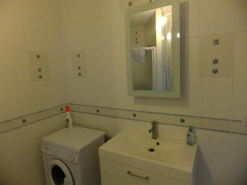 une salle de bain avec une machine à laver et un lavabo dans l'établissement La petite maison au bord de l'Orne, à Putanges
