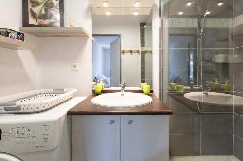 une salle de bain avec un lavabo et une douche dans l'établissement Le Cosy Tarbais - Parking - Balcon - Vue Pyrénées, à Tarbes