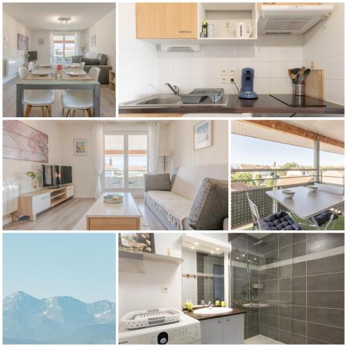 un collage de photos d'une cuisine et d'un salon dans l'établissement Le Cosy Tarbais - Parking - Balcon - Vue Pyrénées, à Tarbes