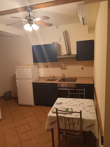 a kitchen with a table and a ceiling fan at Apartments Luka in Ubli