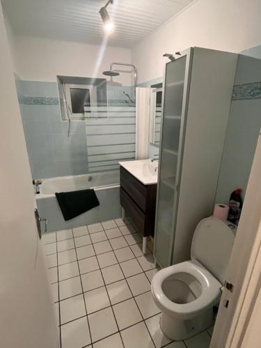 a bathroom with a toilet and a shower and a sink at La Maritaine in Saint-Cast-le-Guildo
