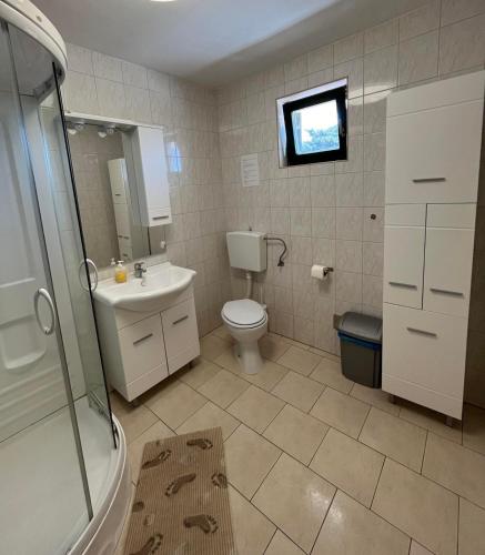 a bathroom with a toilet and a sink and a shower at Apartment Lavanda in Starigrad