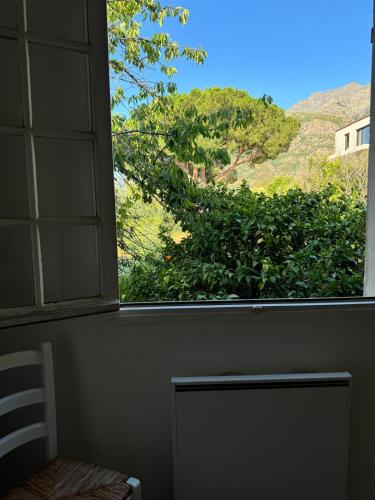 une fenêtre avec vue sur un bush vert dans l'établissement Au coeur du village de Calenzana, à Calenzana