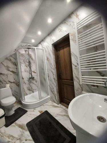 a bathroom with a shower and a toilet and a sink at Соломія in Slavske