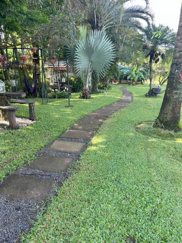 a path in a park with a tree and grass at Villa Heliconias in Alajuela City