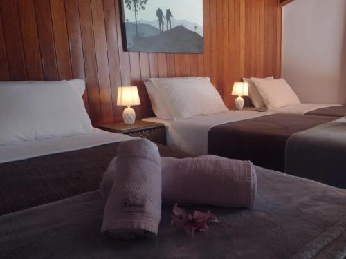 a hotel room with two beds with towels on them at Pousada Caminho dos Ventos in Passa Quatro