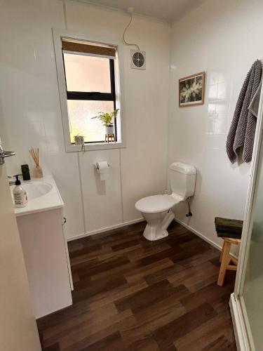 a bathroom with a toilet and a sink and a window at Time on Tilsley in Rotorua