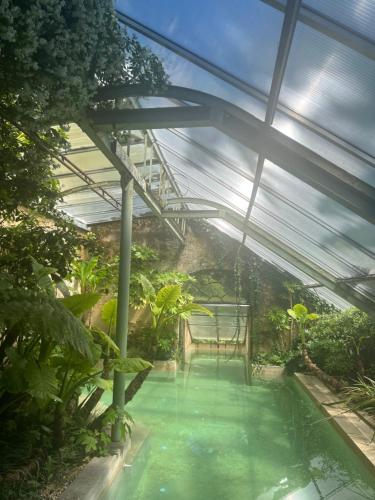 une serre avec une piscine dans un jardin dans l'établissement Les roulottes de Fonroques - logement insolite dans la nature, à Montcaret