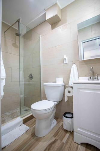 a bathroom with a toilet and a shower and a sink at Casa Rosado Rincon Rayo Suite Mountain View Pool in Rincon