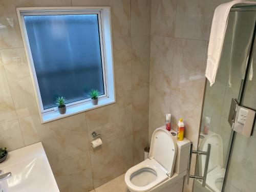 a bathroom with a toilet and a sink and a window at Flat Bush Holiday Accomodation in Auckland