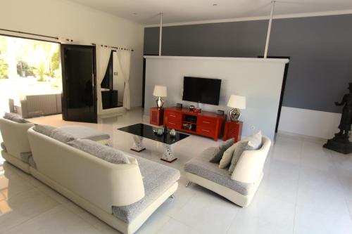 a living room with two couches and a television at Villa Bayu Lovina 2bedroom villa, private pool in Lovina