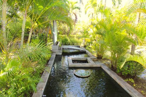a pool of water in a garden with palm trees at Villa Bayu Lovina 2bedroom villa, private pool in Lovina