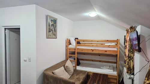 a small room with a bunk bed and a couch at The Castle Mansarde on the slope 7 - Pamporovo in Pamporovo