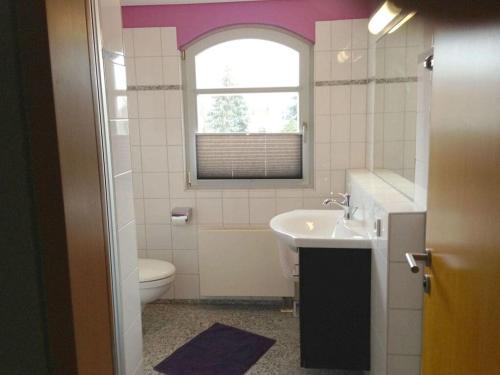 a bathroom with a sink and a toilet and a window at Villa Sonnengarten Apartment No 6 in Boltenhagen